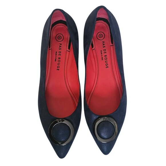 PAS DE ROUGE Women's Navy Blue Suede Pointed Toe Low Block Heel Shoes Size 40.5 - Picture 2 of 8